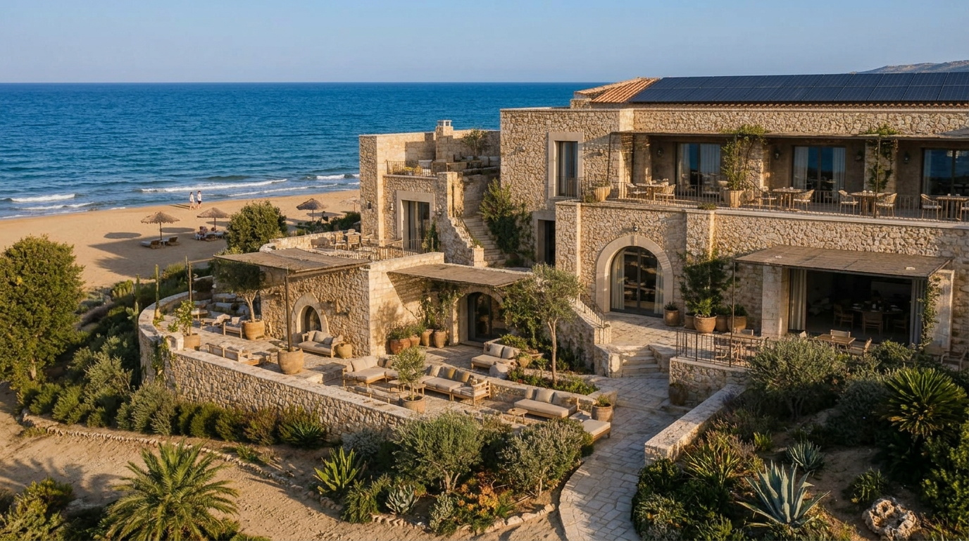 Vista frontale dell'Hotel Pomelia, edificio in pietra di tufo con tetto spiovente, finestre chiare e pannelli solari visibili sul tetto, vicino alla spiaggia direttamente accessibile